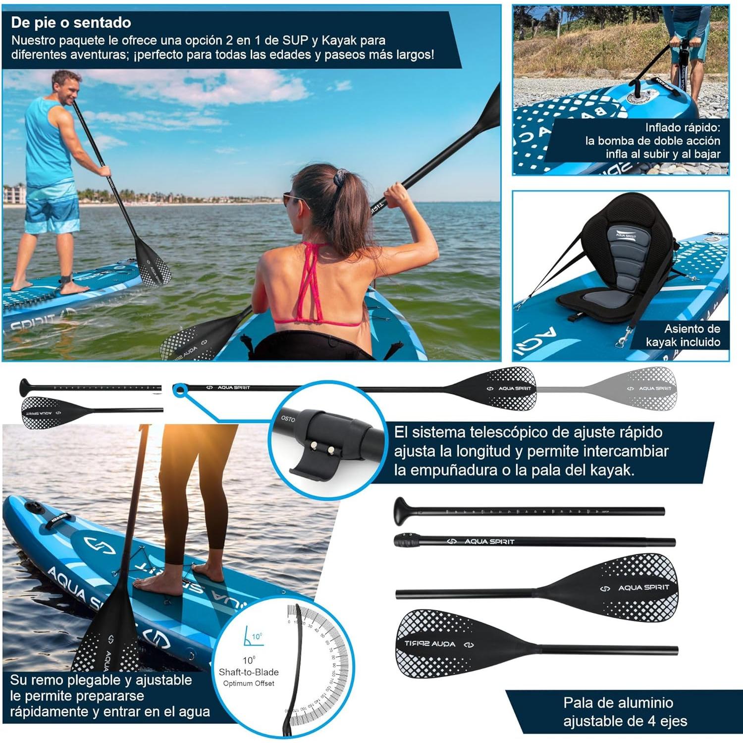 Aqua Spirit Barracuda Sup Tabla de Paddle Hinchable 2025, 320x81x15cm, Kit de Conversión Completo a Kayak con Remo Adjustable, Mochila, Bomba y Más Accesorios, Garantía de 3 Años