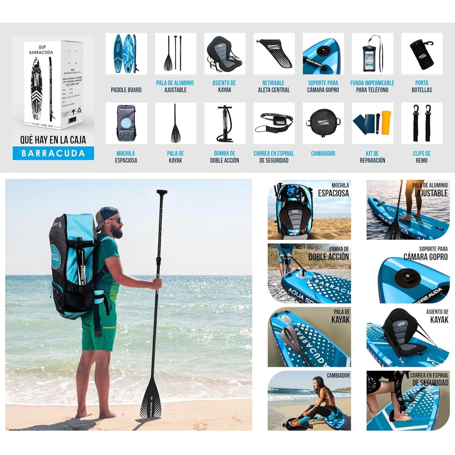 Aqua Spirit Barracuda Sup Tabla de Paddle Hinchable 2025, 320x81x15cm, Kit de Conversión Completo a Kayak con Remo Adjustable, Mochila, Bomba y Más Accesorios, Garantía de 3 Años