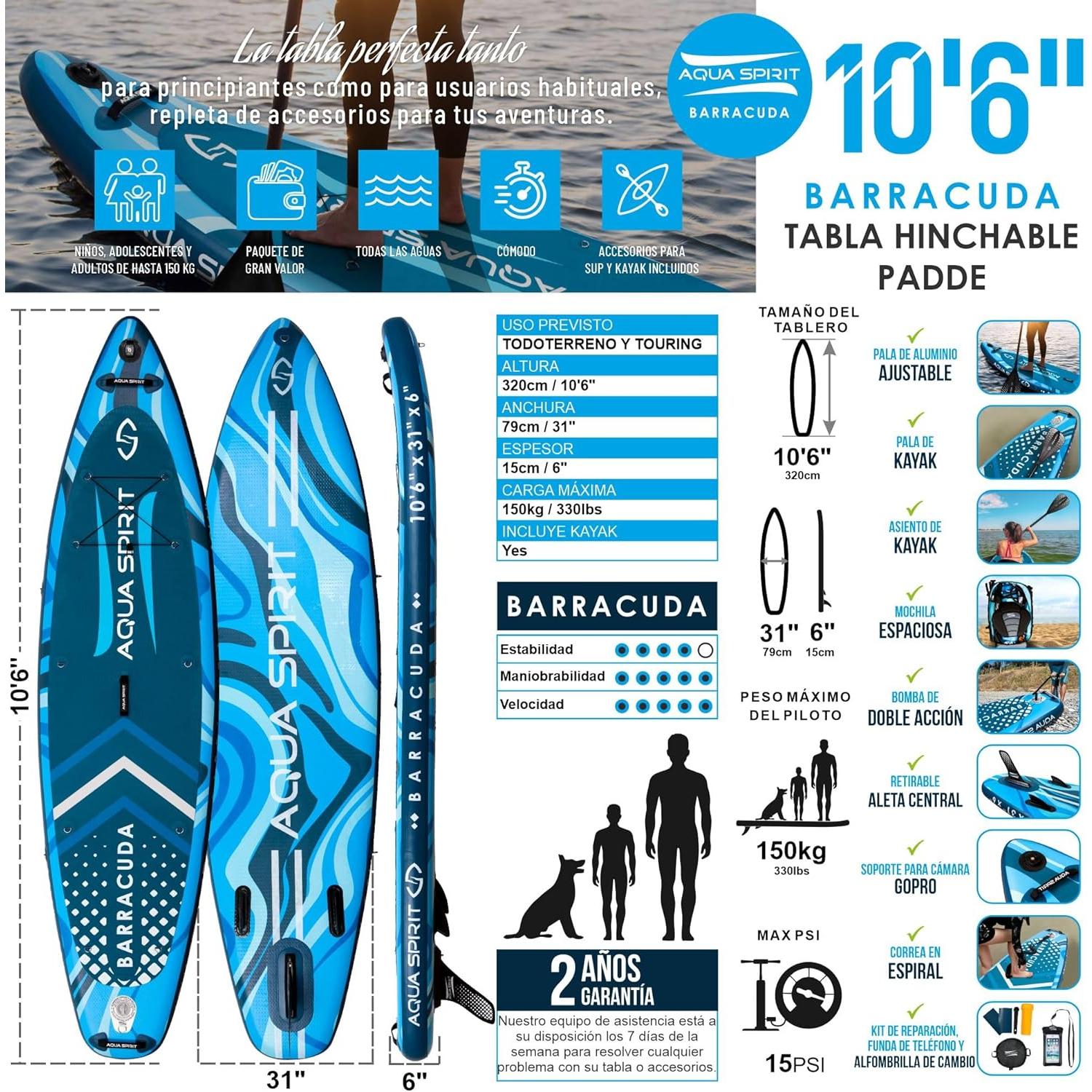 Aqua Spirit Barracuda Sup Tabla de Paddle Hinchable 2025, 320x81x15cm, Kit de Conversión Completo a Kayak con Remo Adjustable, Mochila, Bomba y Más Accesorios, Garantía de 3 Años