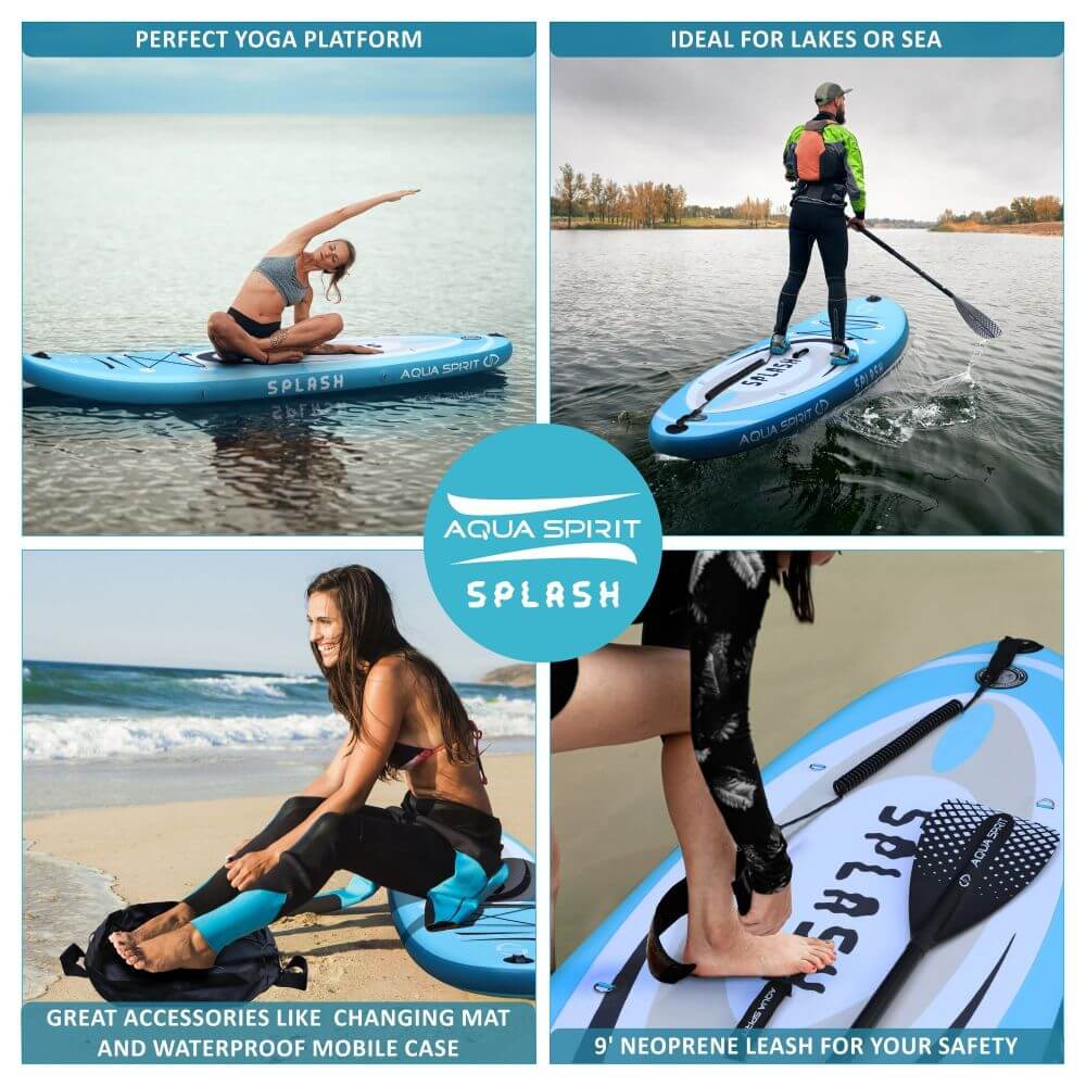 AQUA SPIRIT Splash iSUP 9’ long Inflatable Stand up Paddle Board for Beginners/Intermediate with Backpack, Leash, Paddle, Changing Mat & Waterproof Phone Case - Aqua Spirit iSUPs