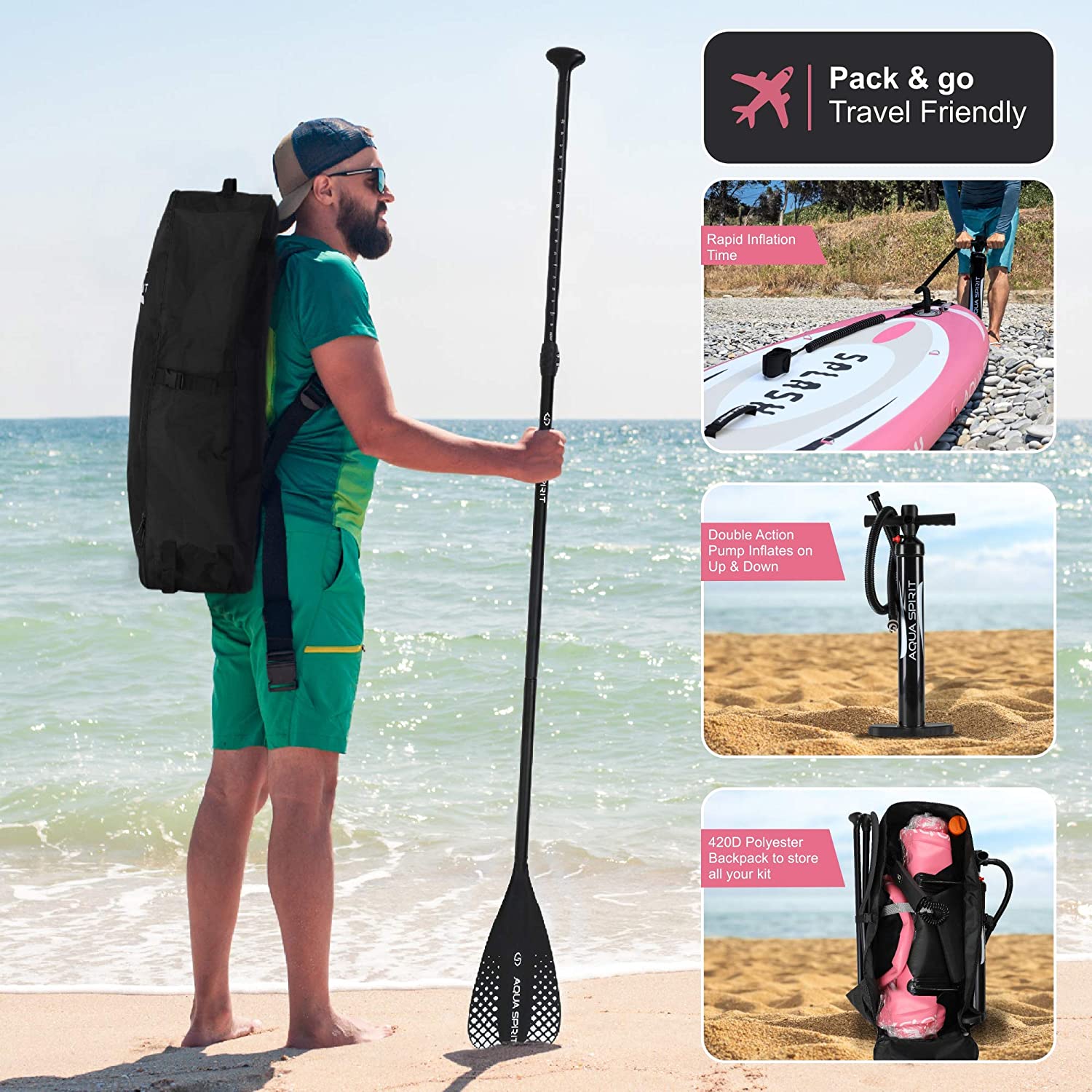 AQUA SPIRIT Splash iSUP 9’ long Inflatable Stand up Paddle Board for Beginners/Intermediate with Backpack, Leash, Paddle, Go-Pro Holder, Changing Mat, Waterproof Phone Case, All-Inclusive Package, 3-Years Of Complete Brand Warranty - Aqua Spirit iSUPs