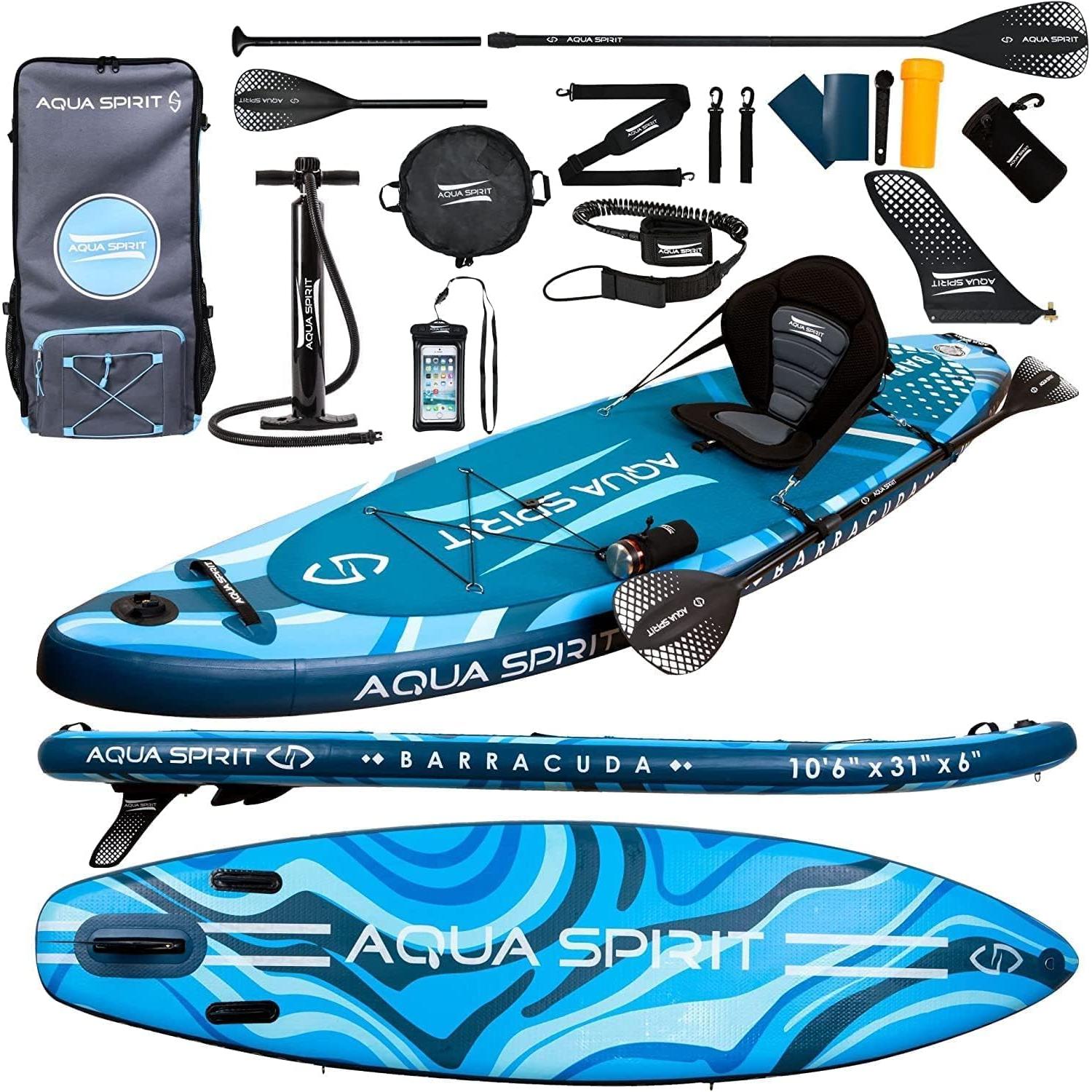 Aqua Spirit Barracuda Sup Tabla de Paddle Hinchable 2024, 320x81x15cm, Kit de Conversión Completo a Kayak con Remo Adjustable, Mochila, Bomba y Más Accesorios, Garantía de 3 Años