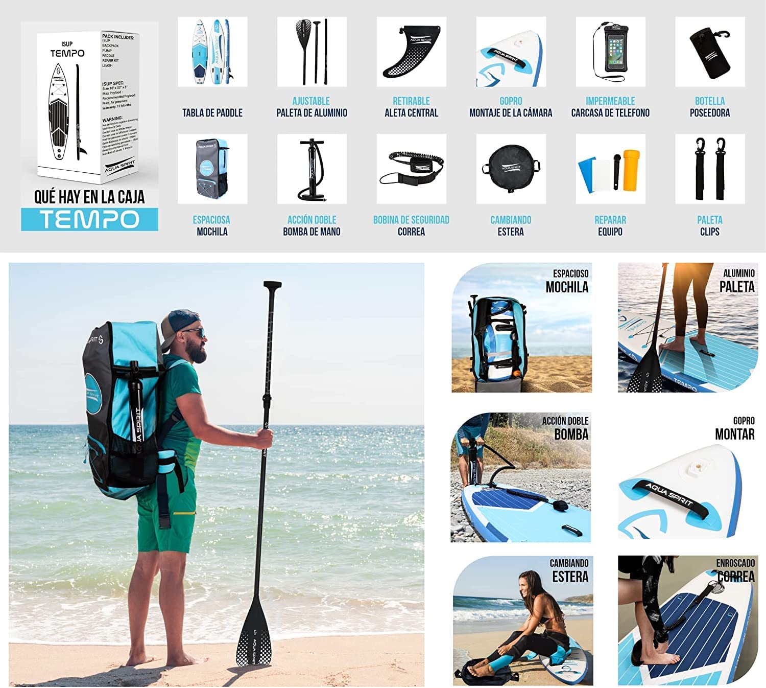 AQUA SPIRIT 320x81x15cm Sup Tabla Hinchable de Paddle Surf Sup para Principiantes Kit Nivel con Pala Ajustable de Aluminio, Accesorios Completos, Peso Máximo de Carga: 120KG Garantía De 2 Años