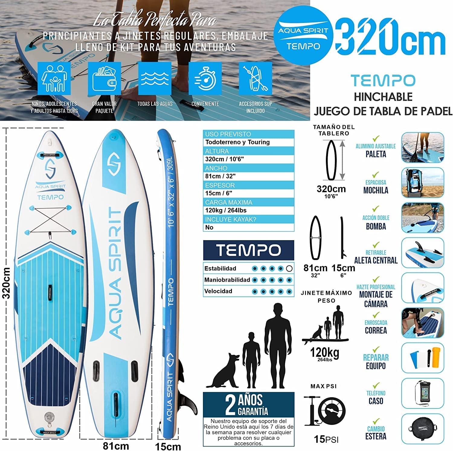 AQUA SPIRIT 320x81x15cm Sup Tabla Hinchable de Paddle Surf Sup para Principiantes Kit Nivel con Pala Ajustable de Aluminio, Accesorios Completos, Peso Máximo de Carga: 120KG Garantía De 2 Años