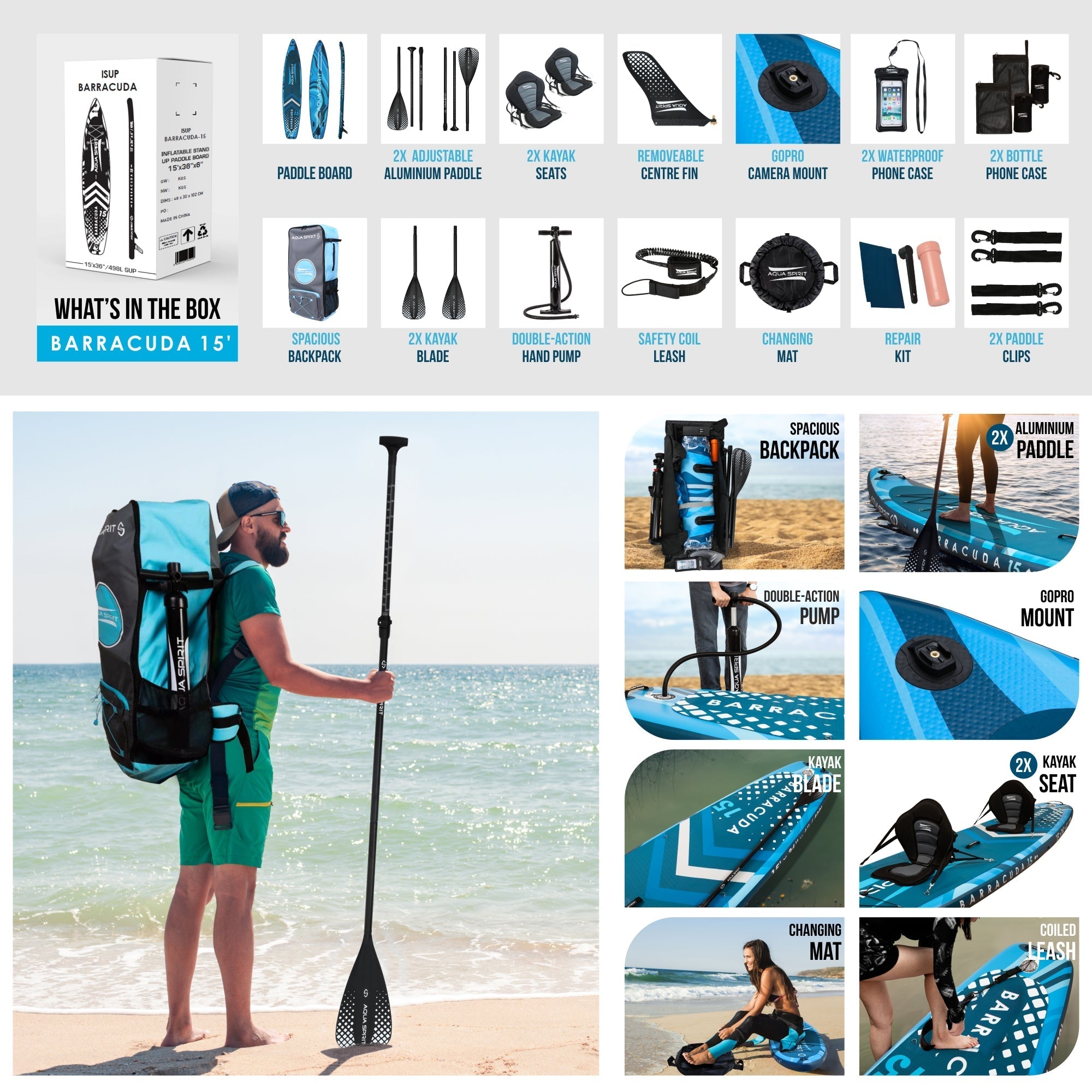 Aqua Spirit Barracuda 15’ 2 Person TamdenInflatable Stand up Paddle Board SUP Kayak Package | 15’ x 36” x 6" | 240KG Limit | 2x Seat, 2x Paddle & Kayak Blade, Pump, Go Pro Mount, Bag, Change Mat - Aqua Spirit iSUPs