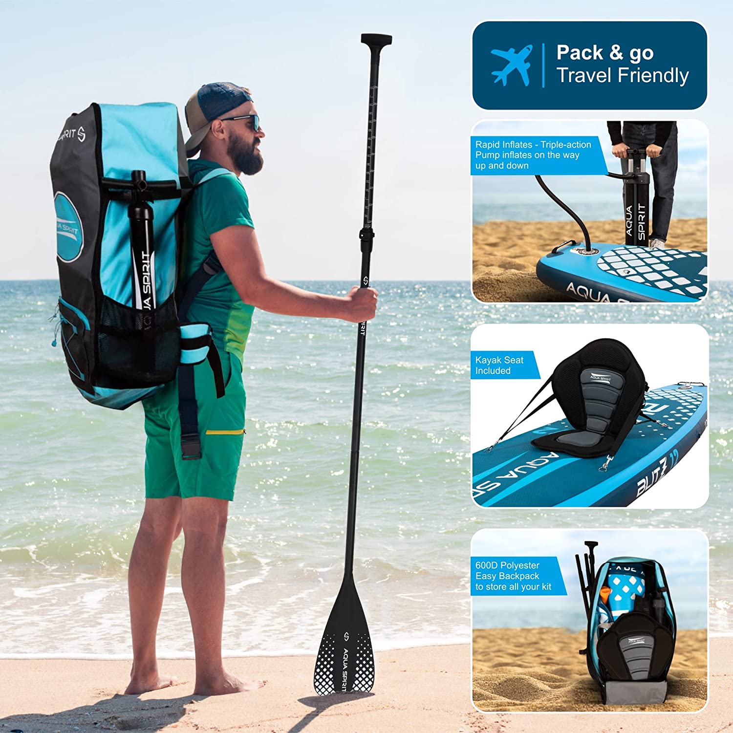 AQUA SPIRIT Blitz 10’8 & 12'6 PREMIUM iSUP Inflatable Stand up Paddle Board & Kayak with Top Accessories, All-Inclusive Package, 3-Years Of Complete Brand Warranty - Aqua Spirit iSUPs