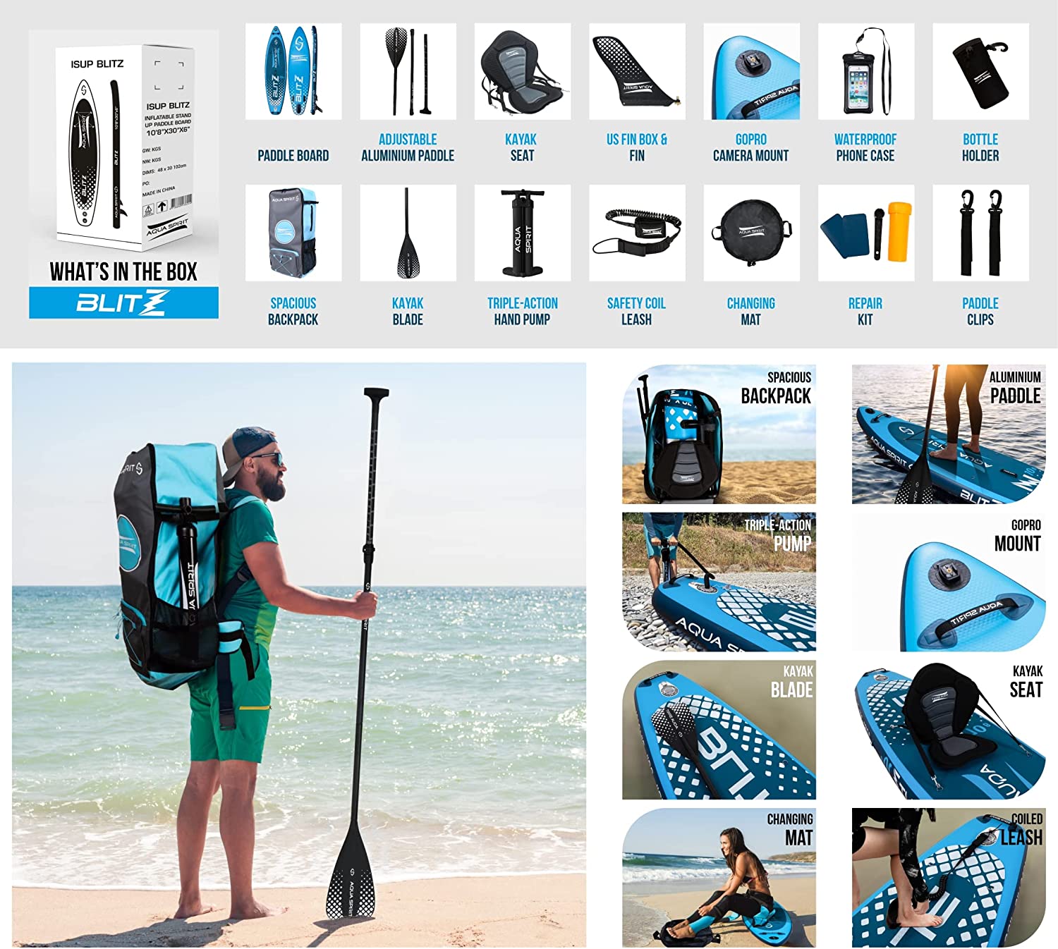 AQUA SPIRIT Blitz 10’8 & 12'6 PREMIUM iSUP Inflatable Stand up Paddle Board & Kayak with Top Accessories, All-Inclusive Package, 3-Years Of Complete Brand Warranty - Aqua Spirit iSUPs