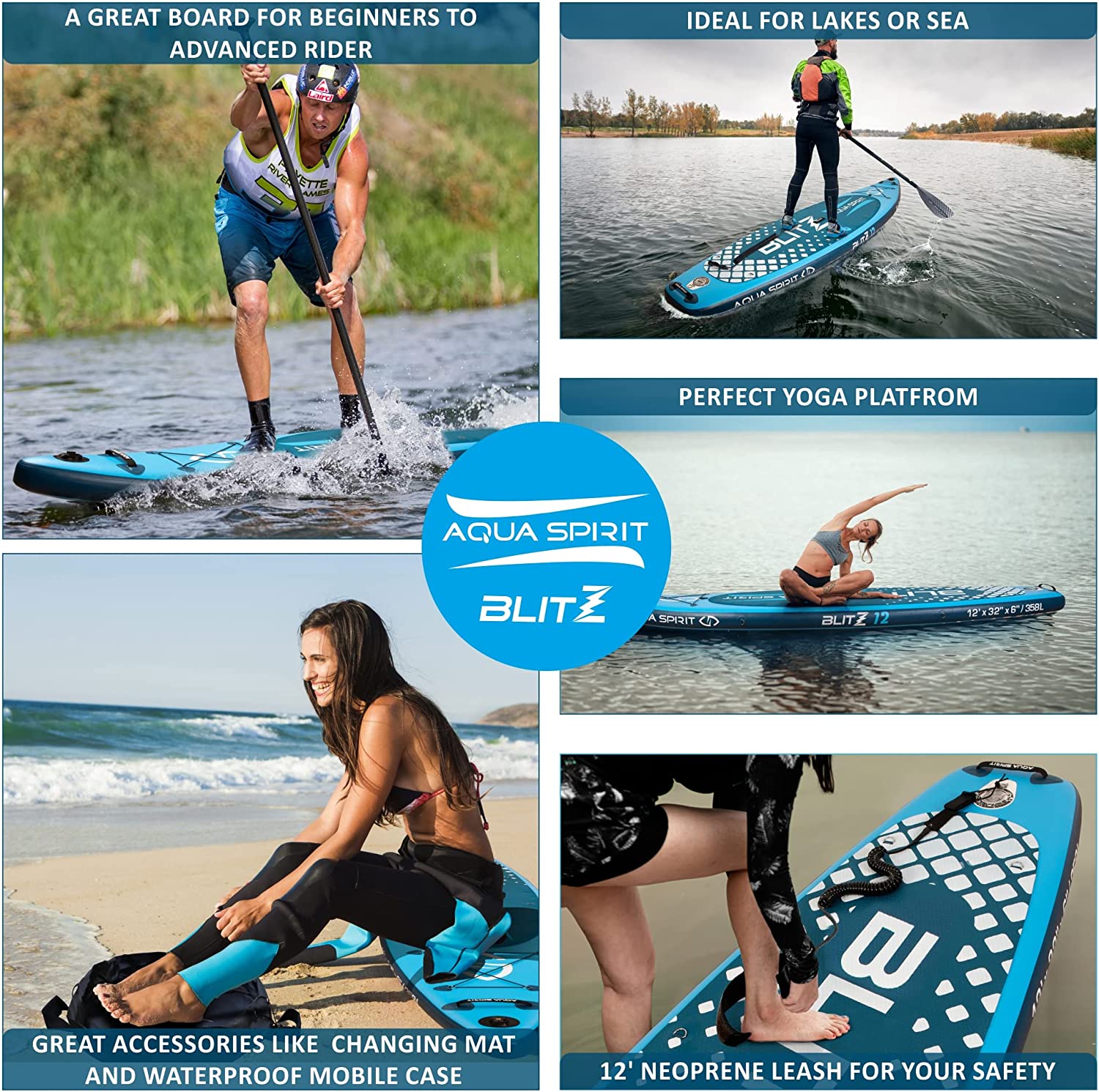 AQUA SPIRIT Blitz 10’8 & 12'6 PREMIUM iSUP Inflatable Stand up Paddle Board & Kayak with Top Accessories, All-Inclusive Package, 3-Years Of Complete Brand Warranty - Aqua Spirit iSUPs