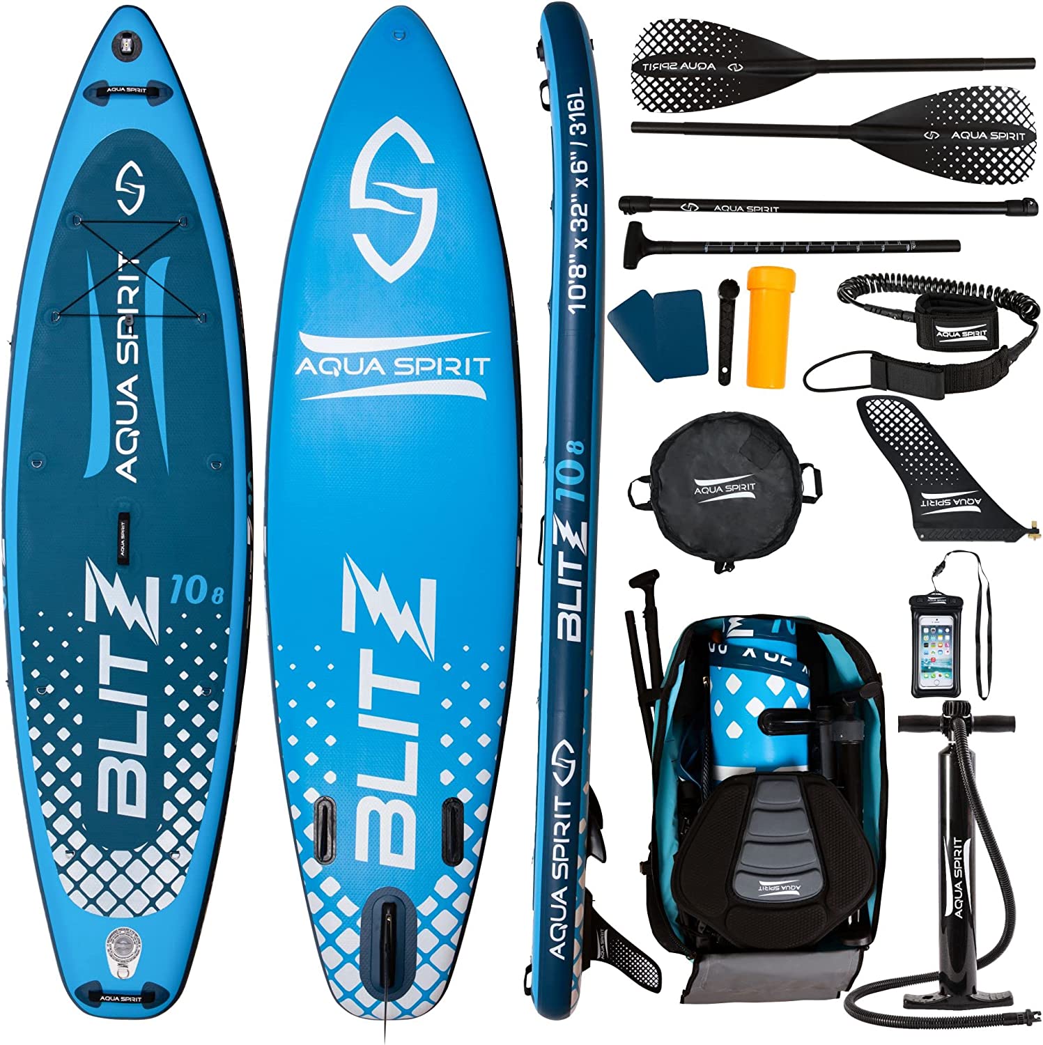 AQUA SPIRIT Blitz 10’8 & 12'6 PREMIUM iSUP Inflatable Stand up Paddle Board & Kayak with Top Accessories, All-Inclusive Package, 3-Years Of Complete Brand Warranty - Aqua Spirit iSUPs