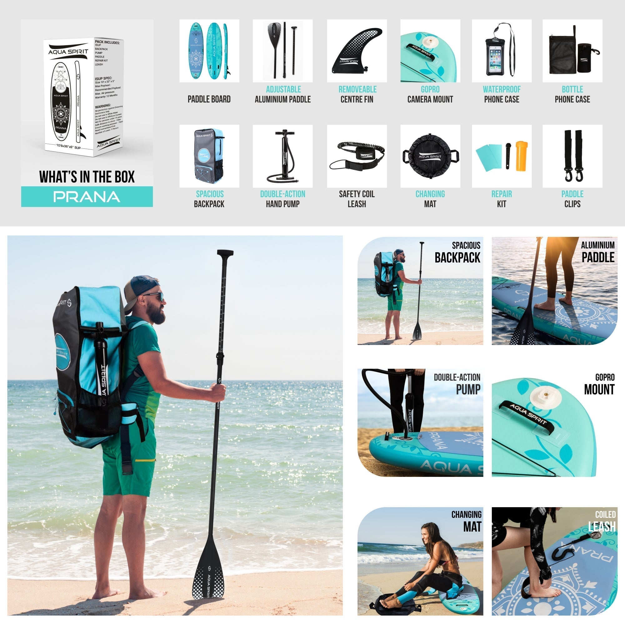 Aqua Spirit Prana 10′ 8″ Yoga Water Aqua Fitness Stand Up Paddle Board Kit | 6" Thick | Aluminium Paddle & Clips, Backpack, Change Mat, Pump, Leash, Mount for GoPro, Shoulder Straps & 2 Year Warranty - Aqua Spirit iSUPs