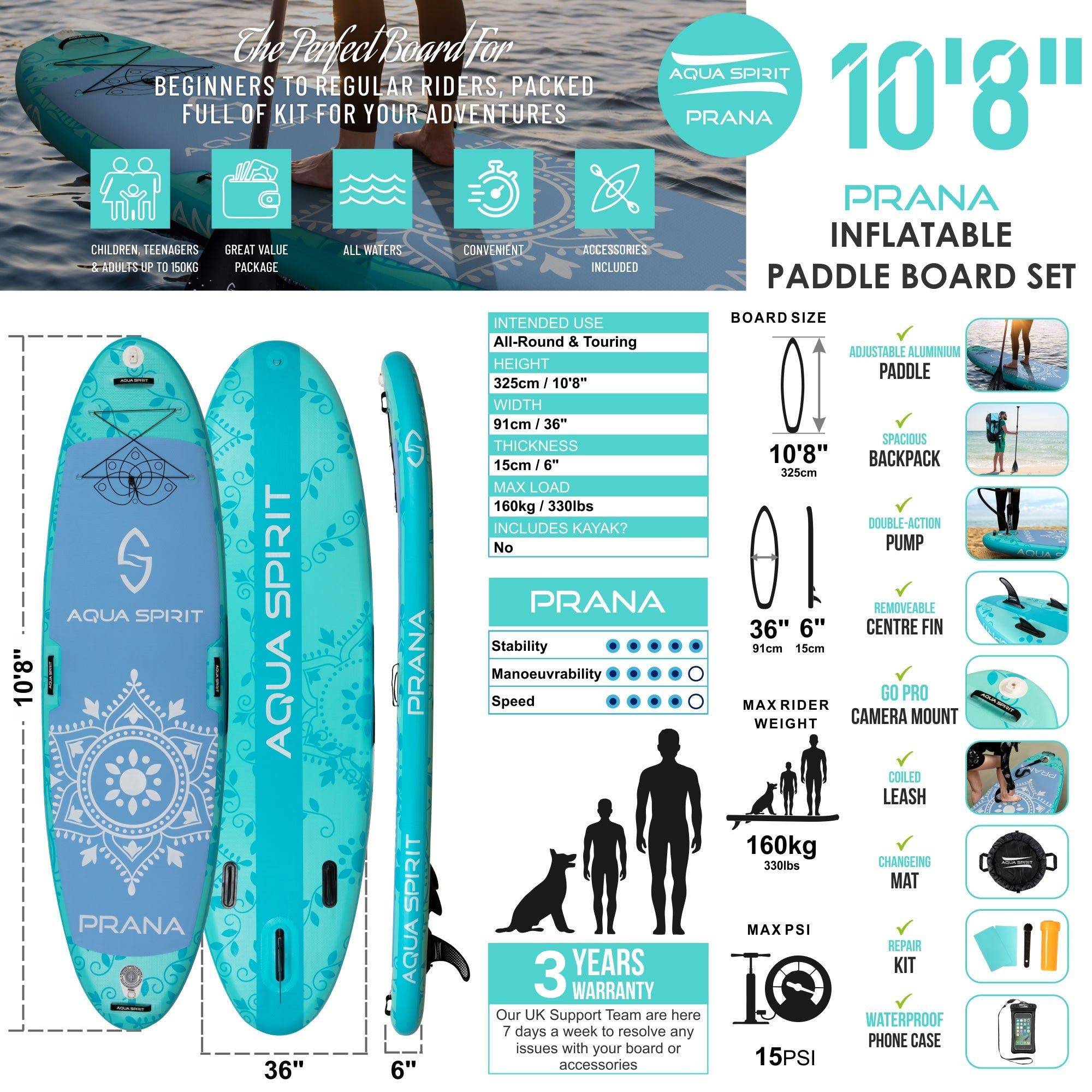 Aqua Spirit Prana 10′8″ Yoga Water AquaFitness Stand Up Paddle Board Kit, 6" Thick, Aluminium Paddle & Clips, Backpack, Change Mat, Pump, Leash, Mount for GoPro, Shoulder Straps & 2 Year Warranty