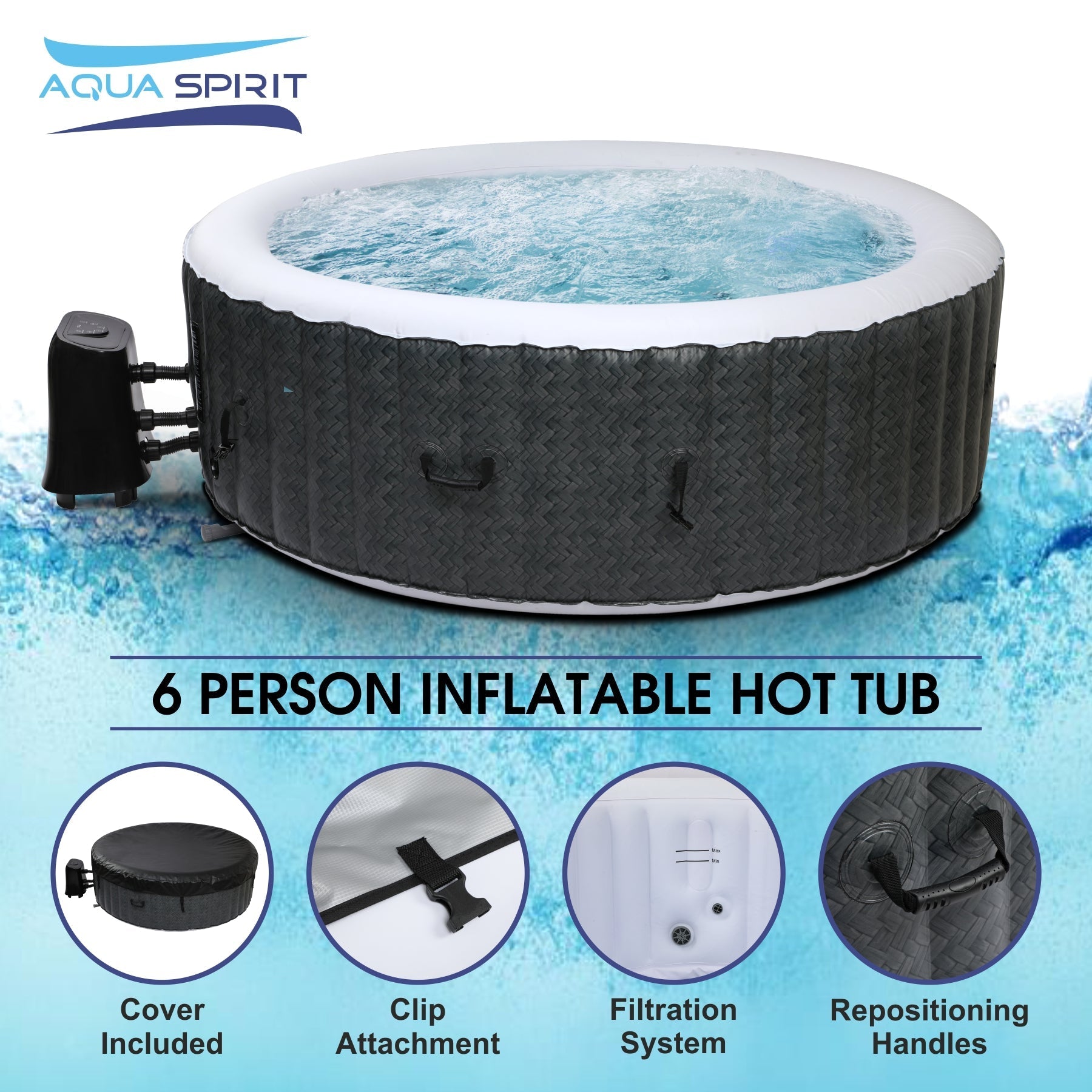 Aqua Spirit Self-Inflating Inflatable Quick Heating Indoor & Outdoor Round Hot Tub Spa Bubble Jacuzzi with Cover & Ground Sheet , Up to 6 Persons , Black White - Aqua Spirit iSUPs